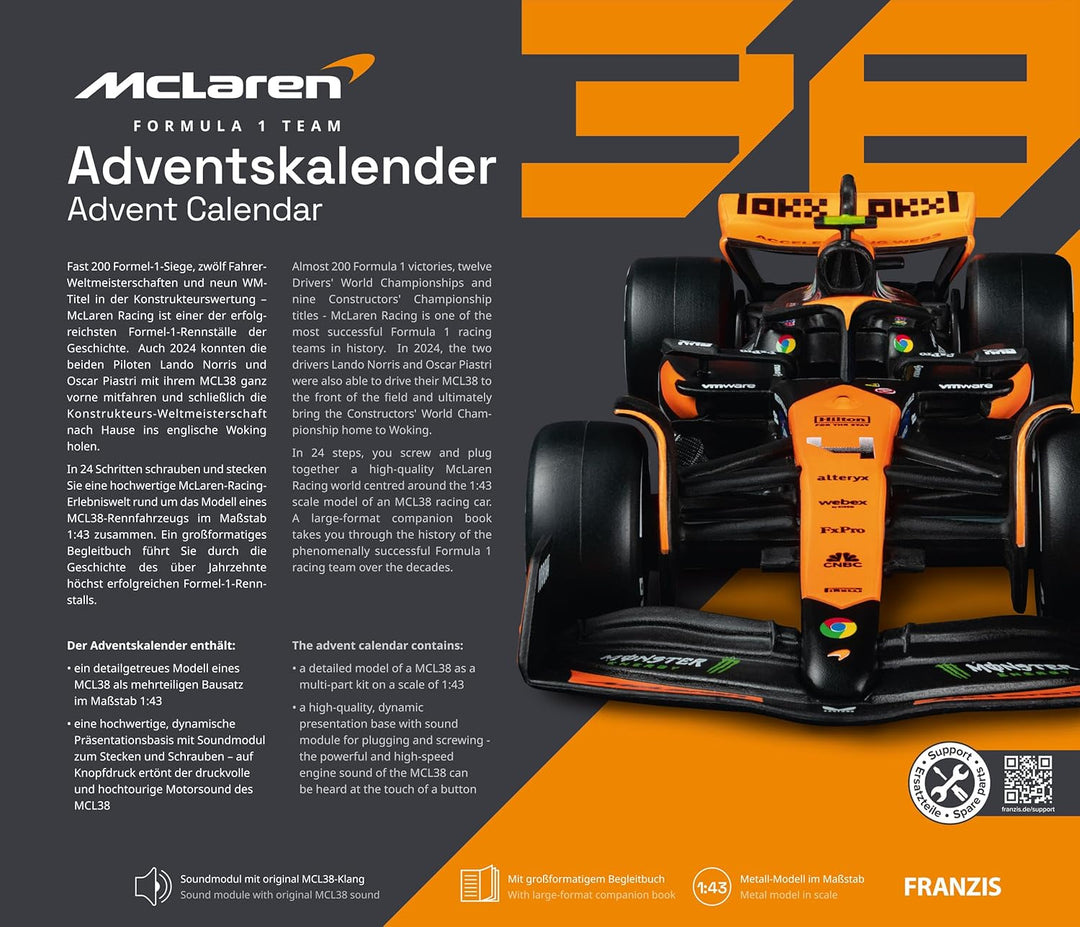 FRANZIS 67391 - McLaren Racing Adventskalender 2025 - Modellbausatz im Massstab 1:43, inkl. Soundmod