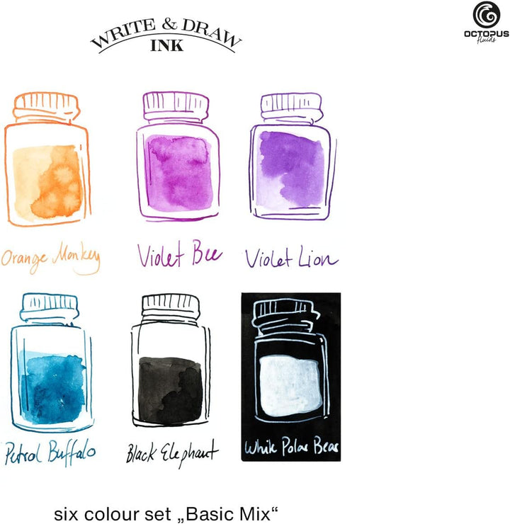 Octopus Write and Draw Ink Set BASIC MIX, wasserfeste Tinte zum Schreiben und Zeichnen, Kalligraphie