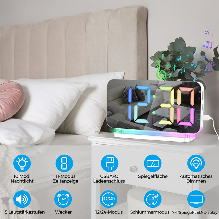 SZELAM Digital,Wecker Nachttisch,7,4" LED-Spiegeluhr mit 10 Modi RGB-Nachtlicht,11 Farben Digitalanz