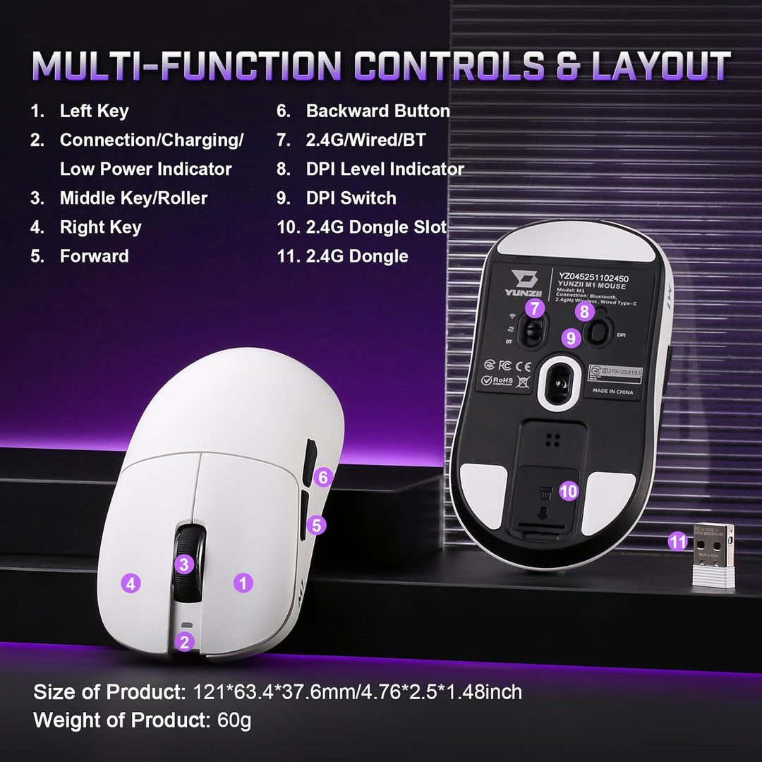YUNZII M1 Kabellose Gaming-Maus, BT/2.4G Wireless/Wired Ultralight Mouse, PAW3311-Sensor 10000 DPI,
