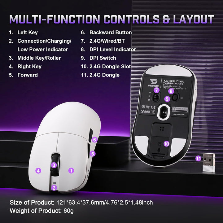 YUNZII M1 Kabellose Gaming-Maus, BT/2.4G Wireless/Wired Ultralight Mouse, PAW3311-Sensor 10000 DPI,