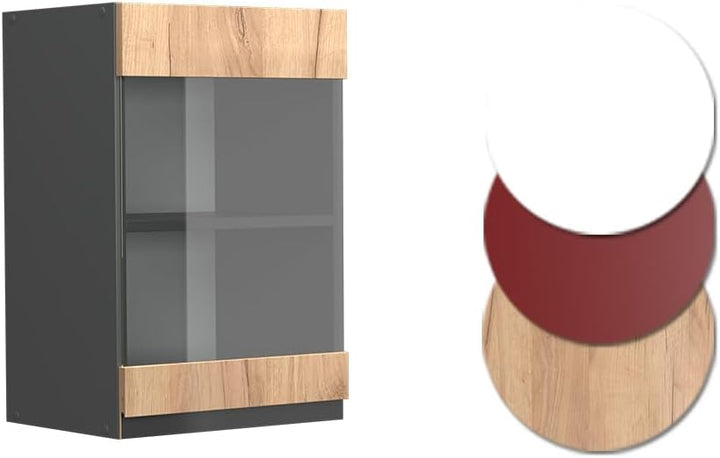 Vicco Küchenschrank Glas R-Line, Goldkraft Eiche/Anthrazit, 40 cm J-Shape Goldkraft Eiche Hängeglass