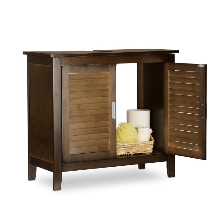 Relaxdays Waschbeckenunterschrank dunkelbraun LAMELL, Badschrank aus Bambus, Waschbeckenschrank, HBT