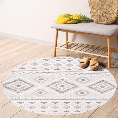 payé Teppich Outdoor Indoor - Rund 120cm - Raute Ornamente Creme Braun Weiss - Boho Design Modern Vi