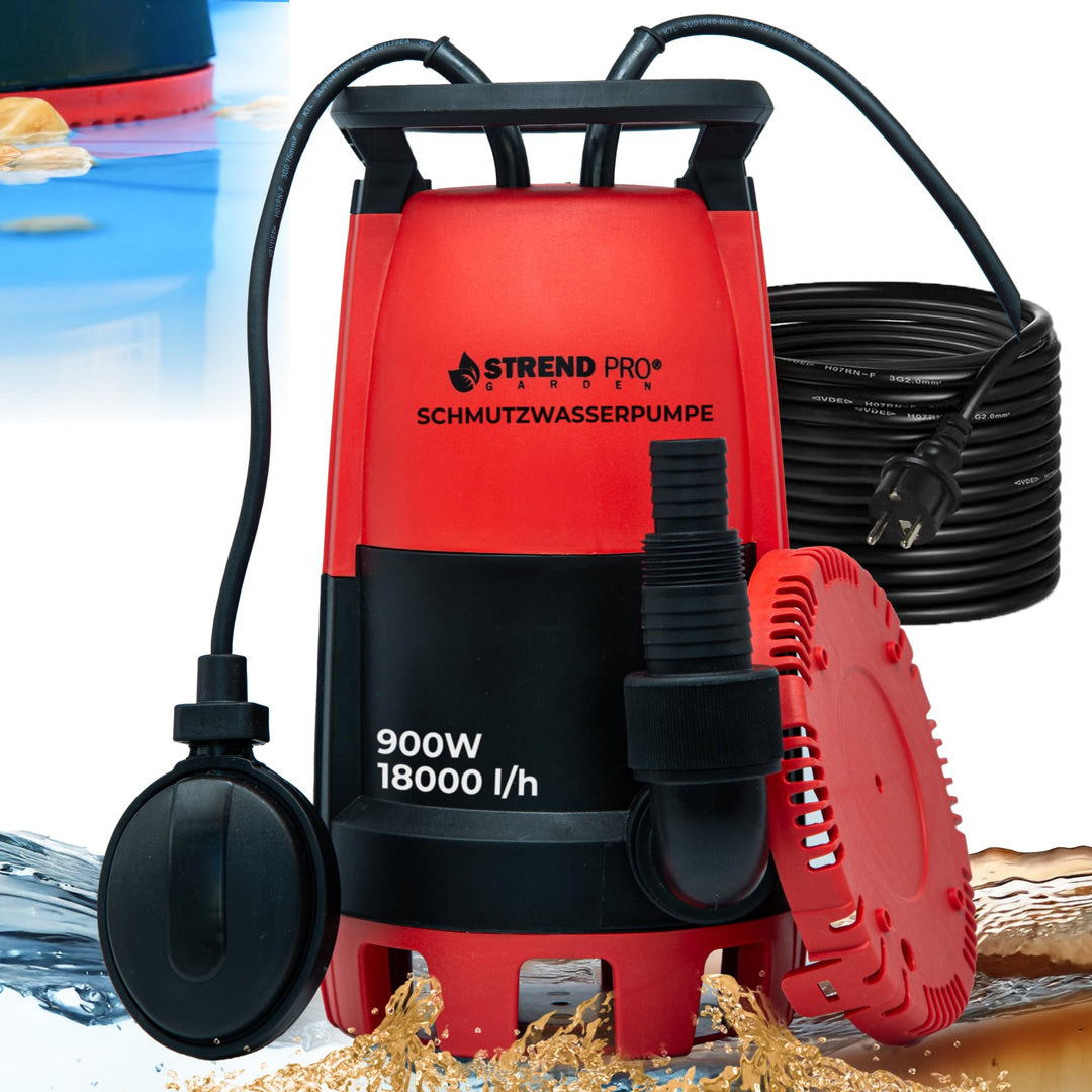 STREND PRO Tauchpumpe MC900E | FLACHSAUGEND ab 1mm | mit SCHWIMMERM | 900W, 18000 l/h | Wasserpumpe