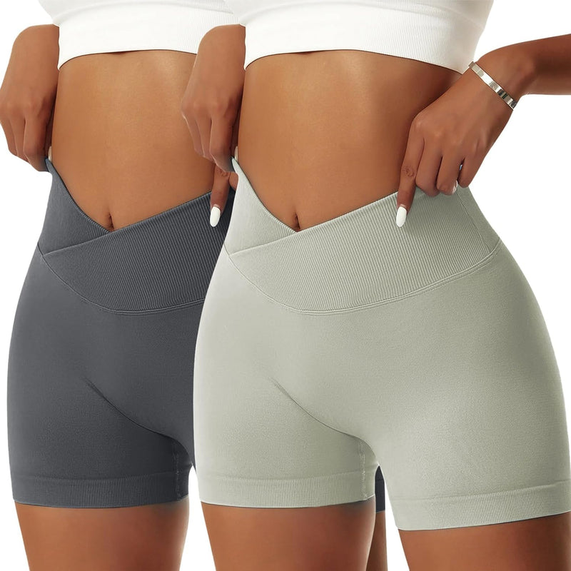 Vertvie Damen 2er Pack Gym Shorts V Cross Stretch Push Up Yoga Shorts Booty Scrunch Fitness Hosen Ku