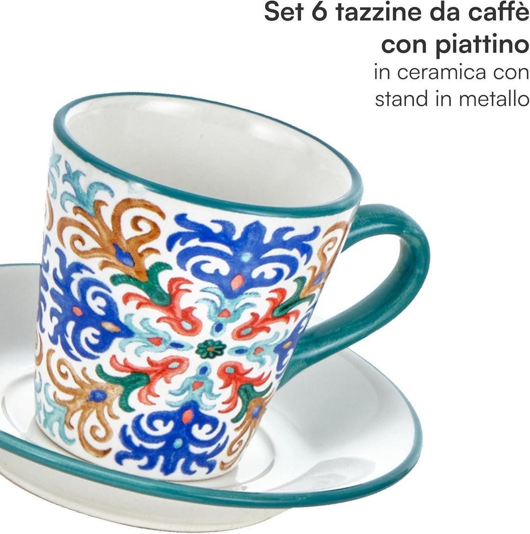 Baroni Home Set von dekorierten Keramik-Espressotassen mit Untertassen und Ständer, farbiges und rob