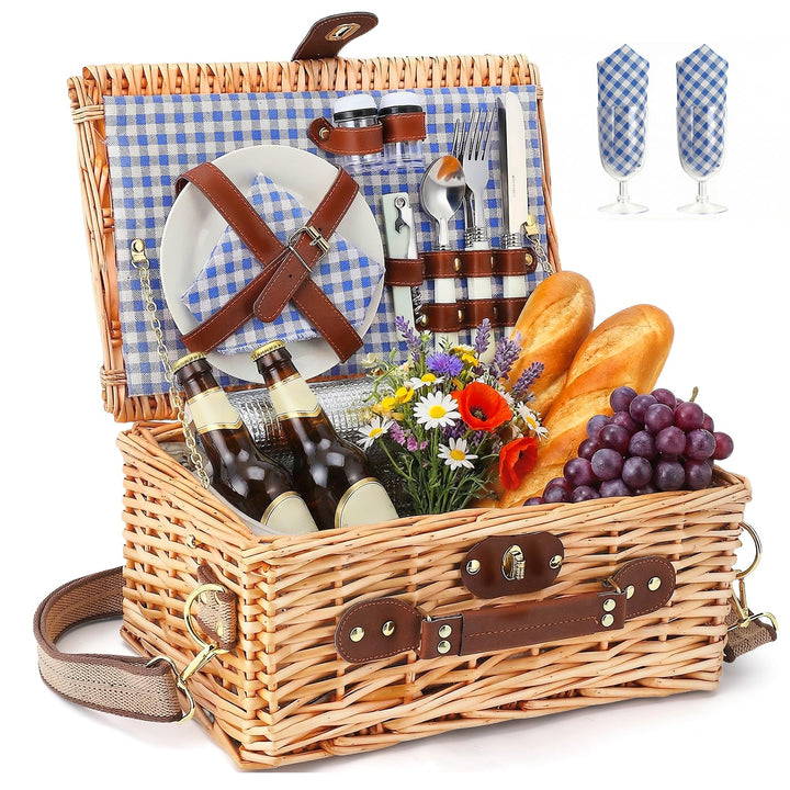 Wicker Picknickkorb für 2 Personen – Picknickkorb-Set mit Isolierfach,komplettem Geschirr &amp; Besteck,