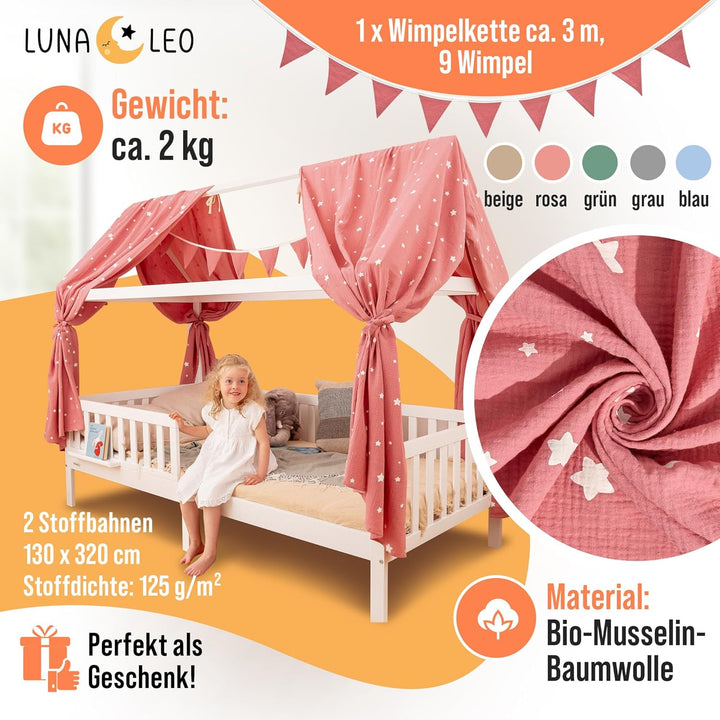 Luna & Leo Hausbett Himmel - mit Sternendruck [Bio Musselin Baumwolle] Handmade | Himmelbett Vorhäng