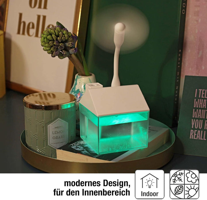 Hellum Luftbefeuchter dekorativ, tragbar in weiss, Diffuser in Form eines Haus 8,4x9,5cm gross, süss