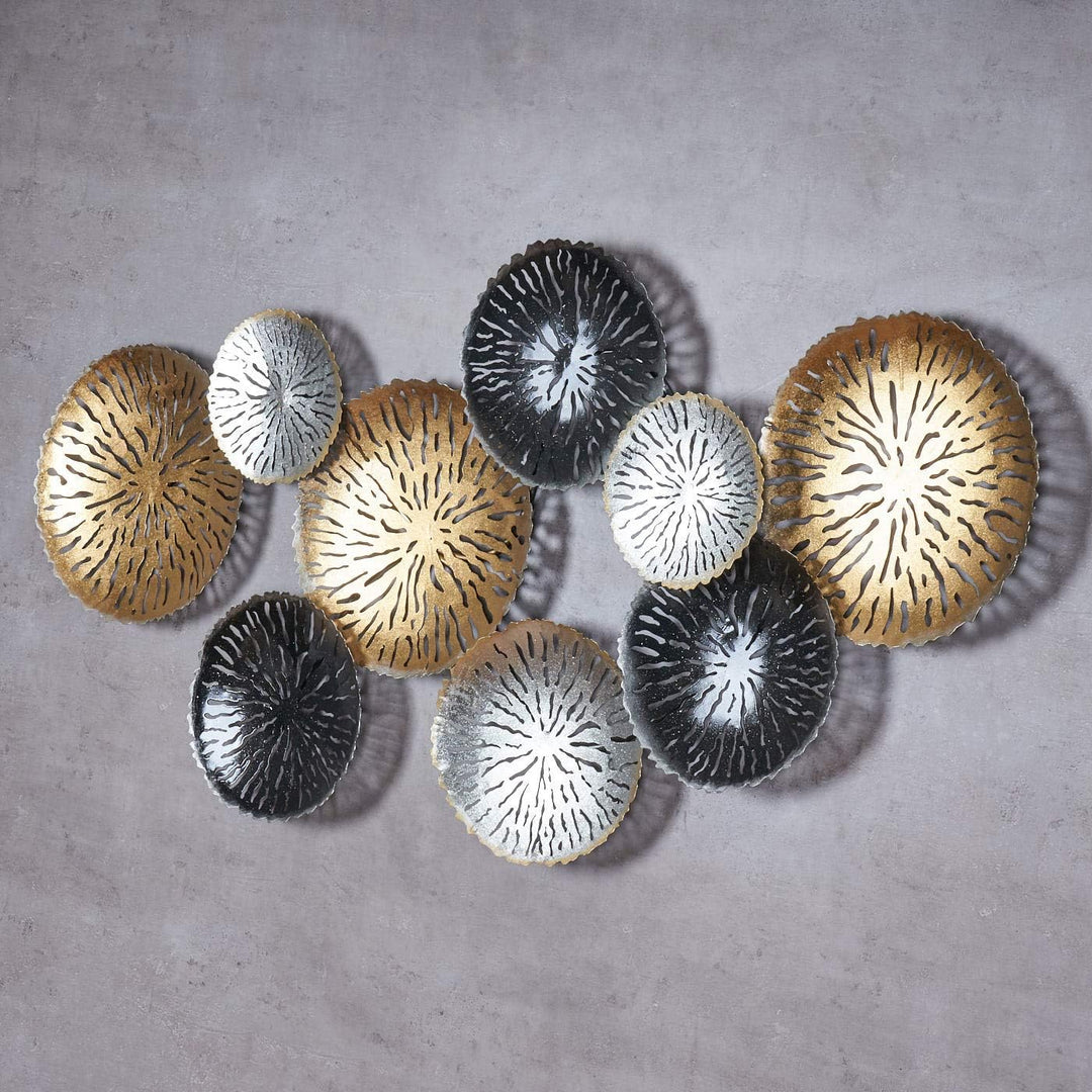 3D Wandbild 115x56cm Ringe Kreise Metall Gold Schwarz Silber Deko Teller Wanddeko Design Wandkunst M