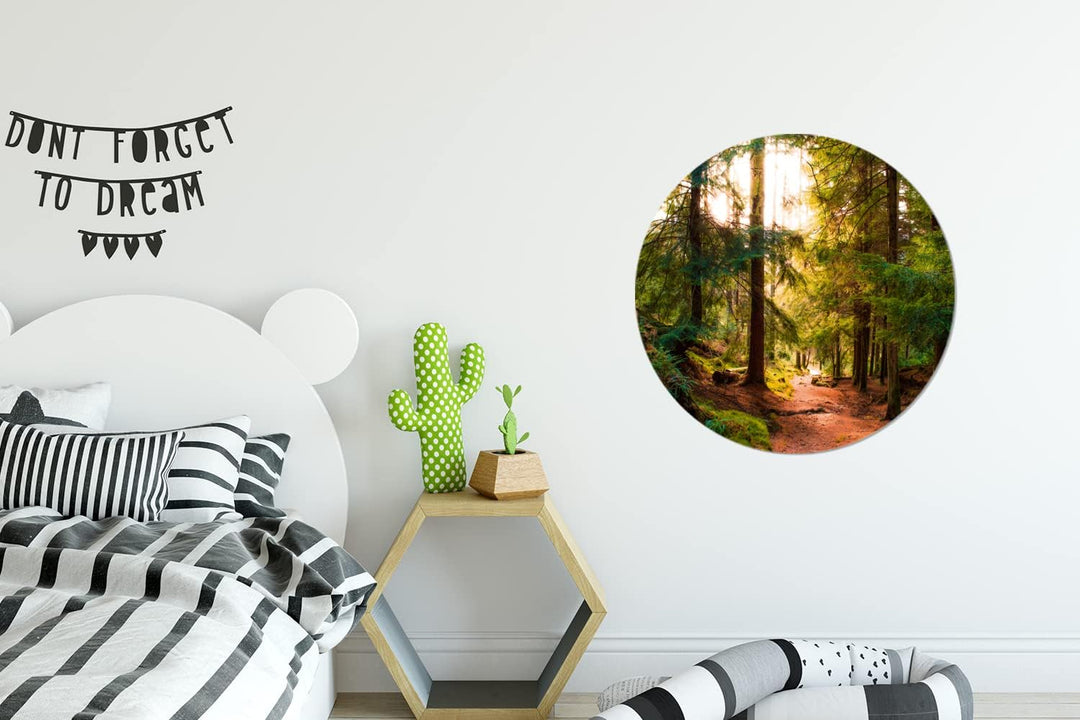 MuchoWow Wandbild Rund Wanddeko Deko Wohnzimmer Bilder 60x60 cm Wald - Weg - Bäume - Grün - Sonne -