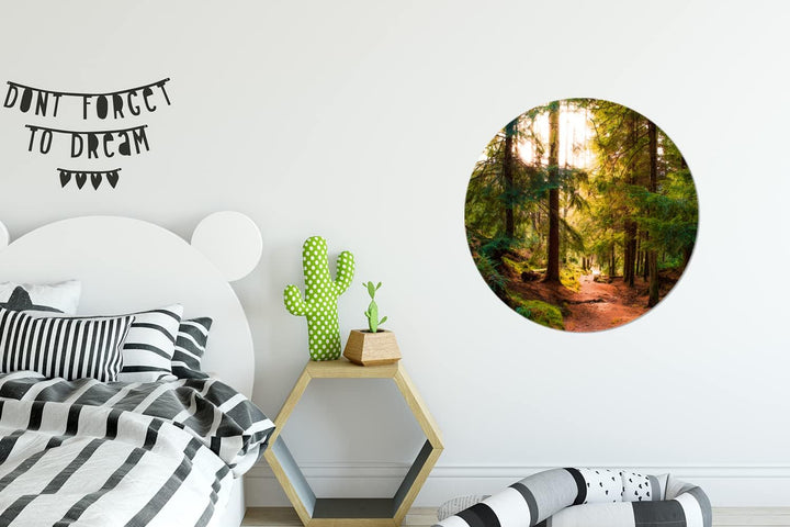 MuchoWow Wandbild Rund Wanddeko Deko Wohnzimmer Bilder 60x60 cm Wald - Weg - Bäume - Grün - Sonne -