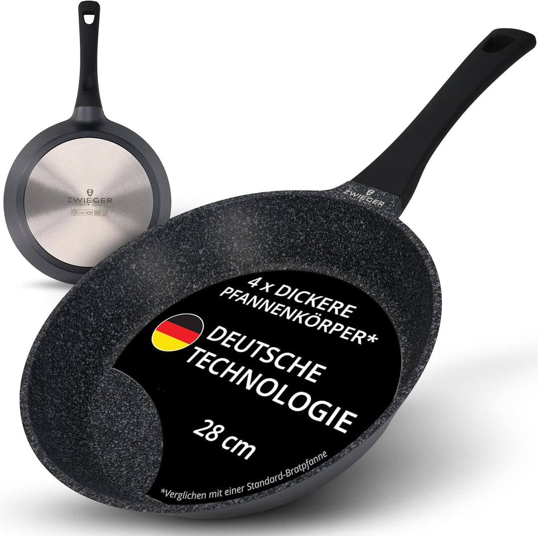 ZWIEGER Hochwertige Bratpfanne 28 cm – beschichtete Pfanne 28 cm, Aluguss, vollflächiger Edelstahlbo