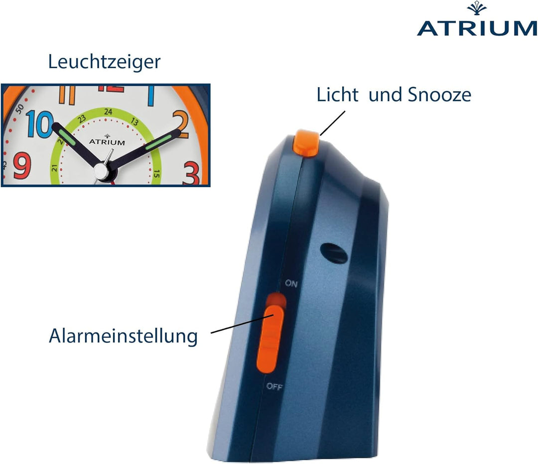 Atrium Kinderwecker Jugendwecker Analog Quarz mit Licht, Snooze &amp; schleichende Sekunde - leise ohne
