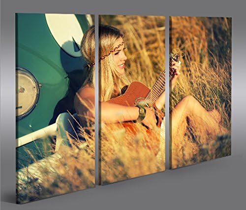 islandburner Bild Bilder auf Leinwand Hippie Girl V3 mit Bus T1 und Gitarre 3p XXL Poster Leinwandbi