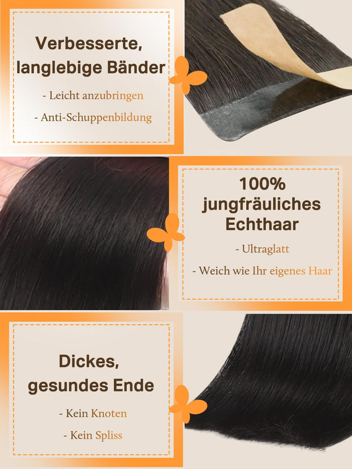 DOORES Tape Extensions Echthaar Natürliches Echthaar Tape in Menschliches Haar, Natürliches Schwarz