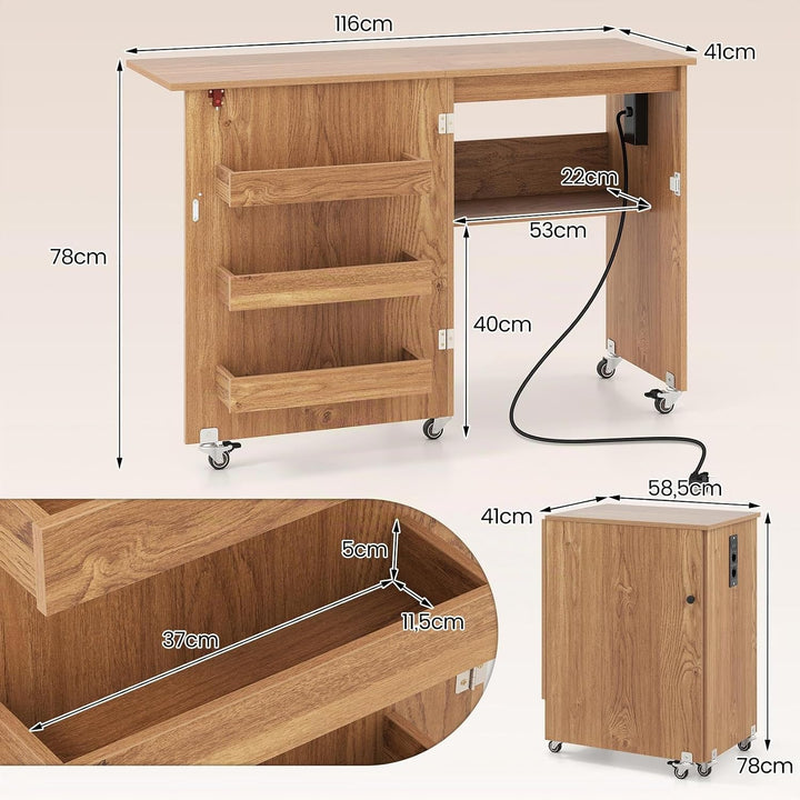 COSTWAY 2 in 1 Nähtisch klappbar mit Ladestation, Nähmaschinenschrank aus Holz mit Regalen, Nähschra