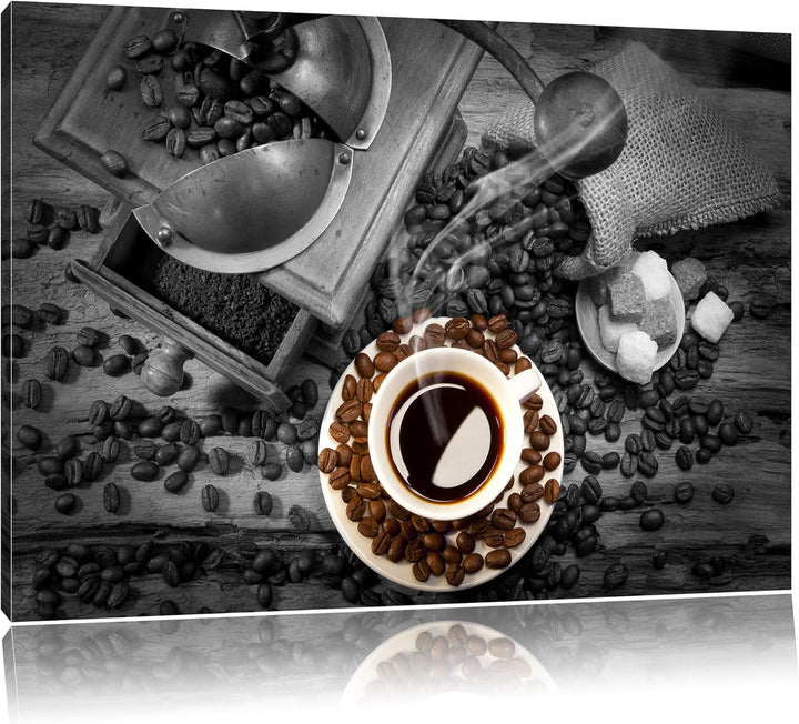 brühwarmer Kaffee mit Kaffeebohnen schwarz/weiss Format: 100x70 auf Leinwand, XXL riesige Bilder fer