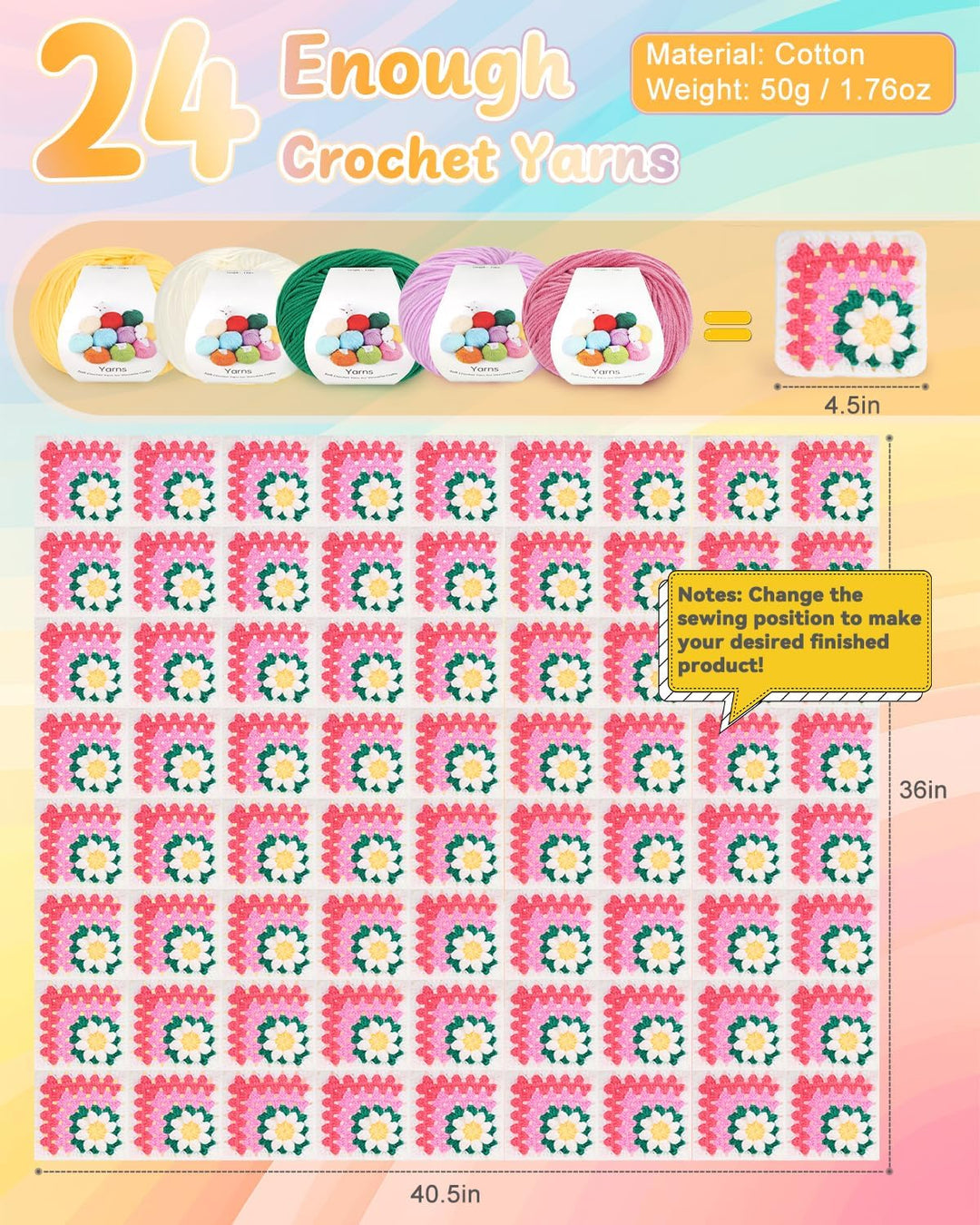 Coopay Granny Square Häkelset für Anfänger, Häkel Set für Gänseblümchen Decke 3D, Komplett Häkelset