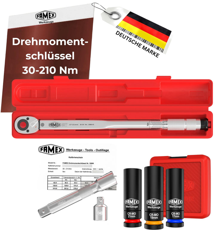 FAMEX 10886-3N-KS Drehmomentschlüssel 1/2" (12,5mm) | 30-210 Nm mit Kalibrierschein - Sparset mit Sc