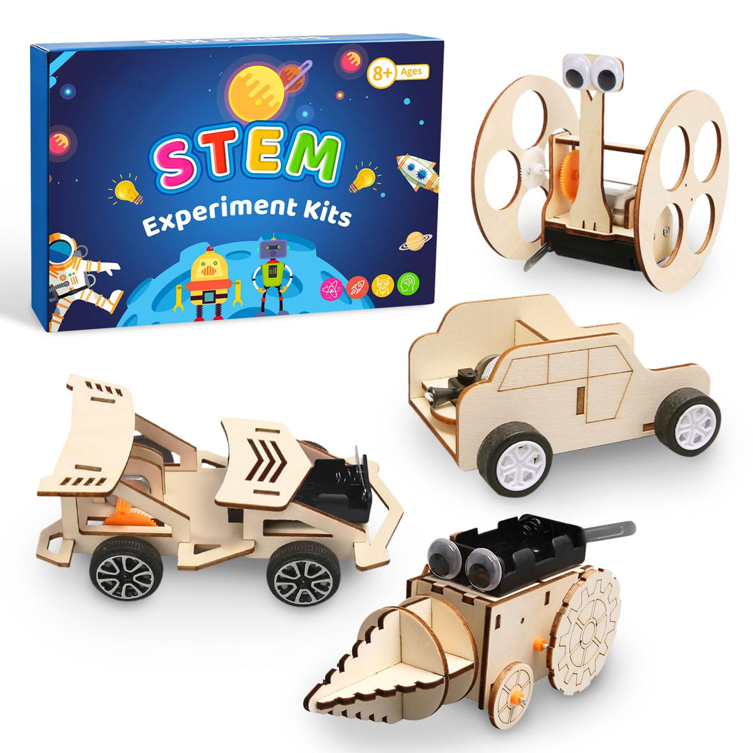 4 Stück Experimente für Kinder, Elektronik Baukasten DIY STEM Spielzeug, Holz Wissenschaft Bausatz S