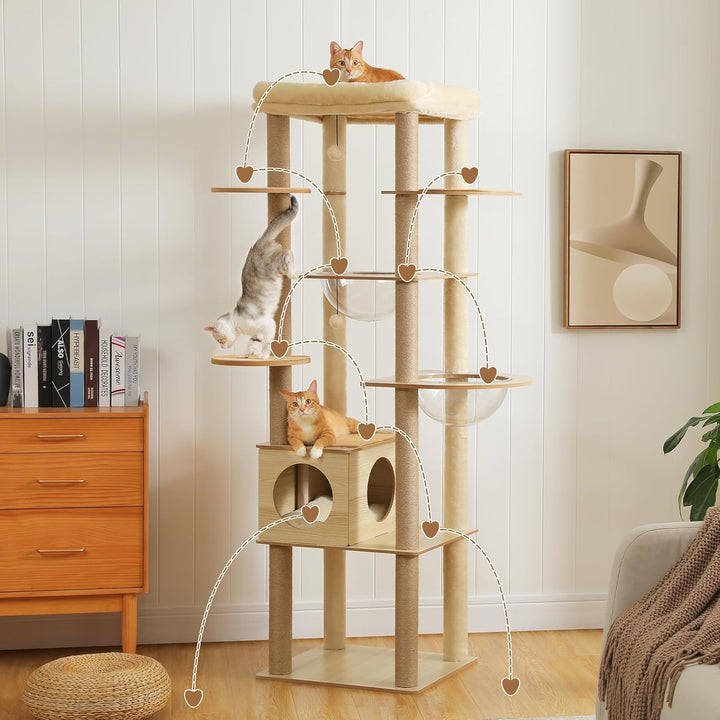 PETEPELA Kratzbaum für grosse Katzen, 181 cm hoch, mit Acryl-Hängematte, Multi-Stufe Holz Katzenbaum