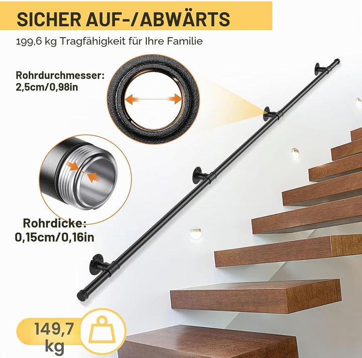 Handlauf für Treppen, Aomdom Handlauf Treppengeländer Innen und Aussen, Handlauf Schwarz mit Rutschf