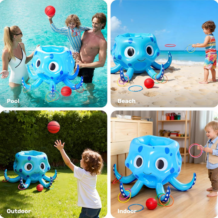 Sloosh Aufblasbare Octopus Pool Spielzeug, 2-in-1 aufblasbare Schwimmer Wasser Spiel, Basketball Hoo