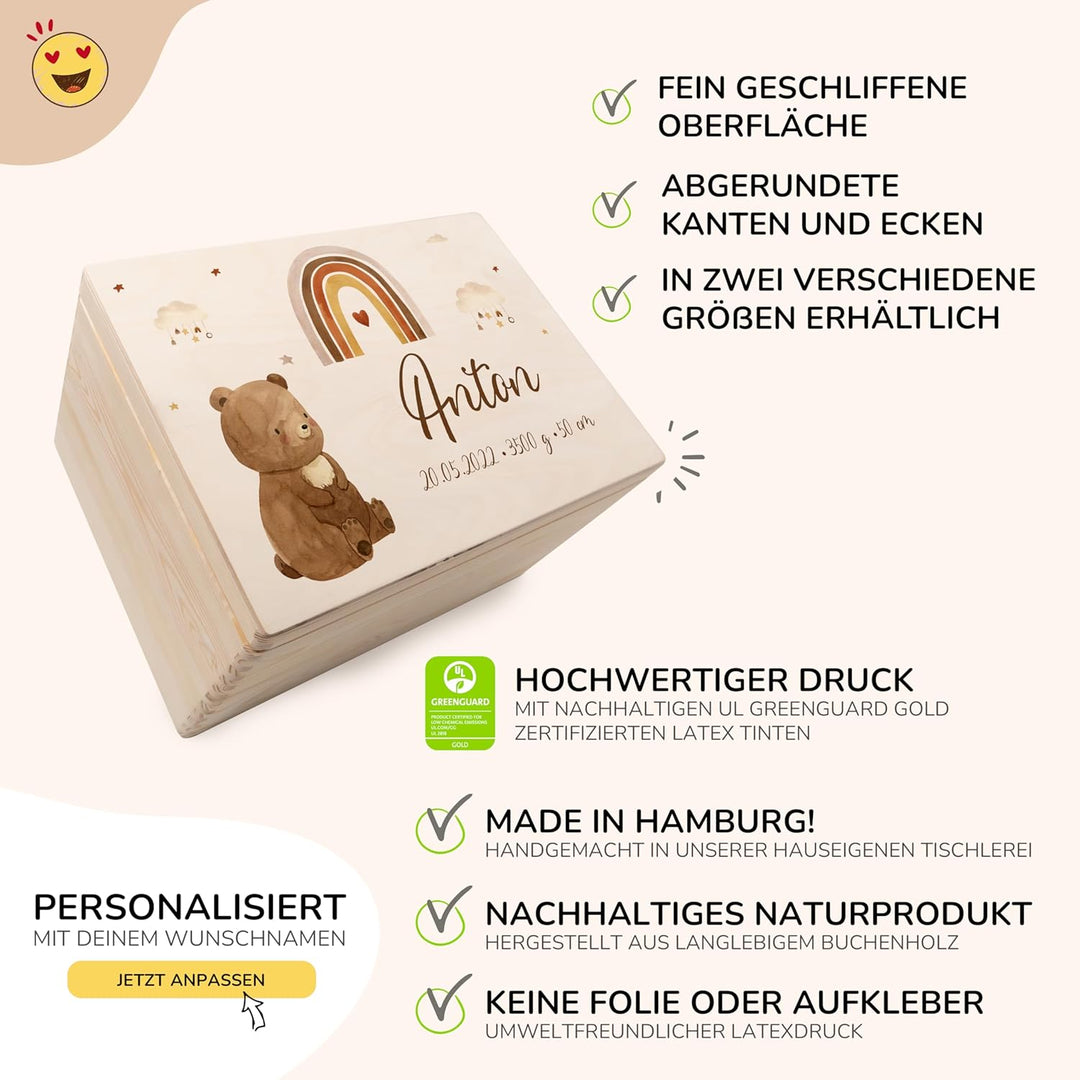 KIDSMOOD - Erinnerungsbox Baby, personalisierte Holzkiste mit Deckel, Ideal zur Aufbewahrung von Eri