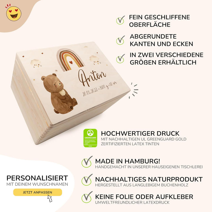 KIDSMOOD - Erinnerungsbox Baby, personalisierte Holzkiste mit Deckel, Ideal zur Aufbewahrung von Eri