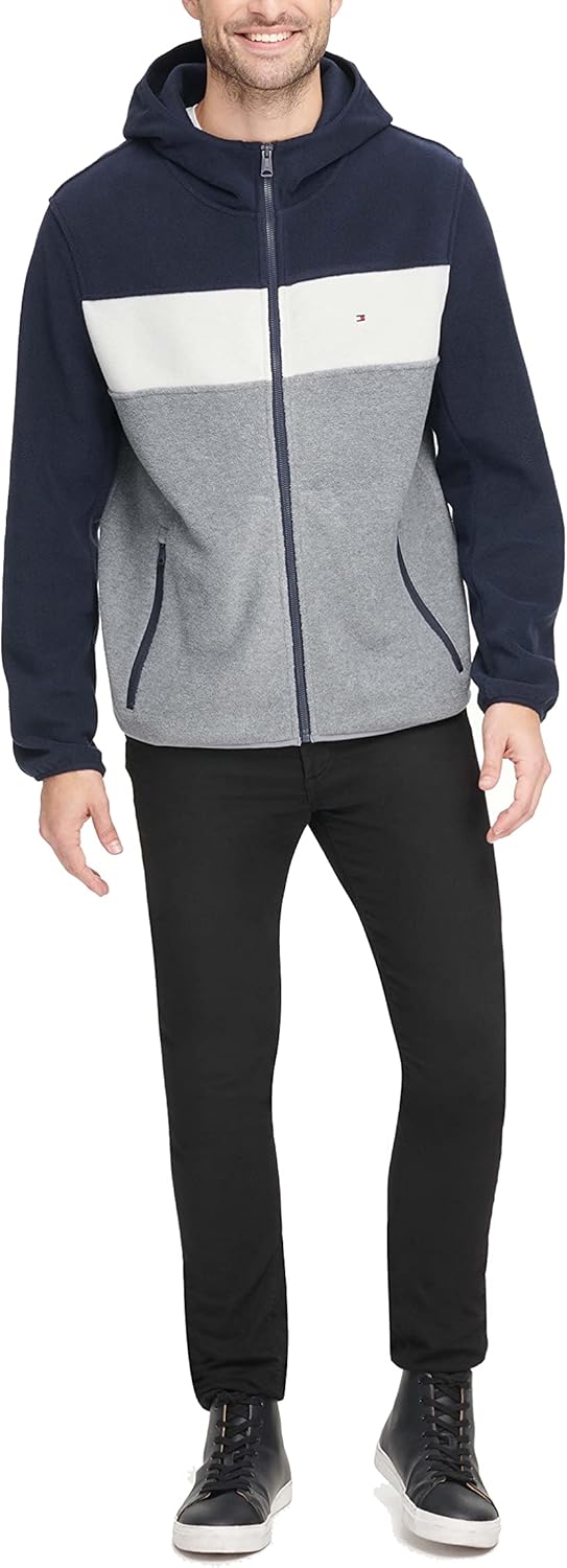 Tommy Hilfiger Herren Performance Fleecejacke mit Kapuze Fleecejacke 3XL Marineblau/Weiss/Hellgrau,