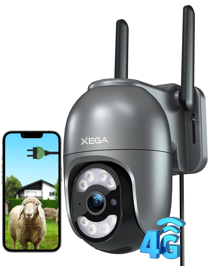Xega 4G LTE Überwachungskamera mit SIM Karte【Kabelgebunden】 24/7 Kontinuierliche Aufzeichnung, 2K Au
