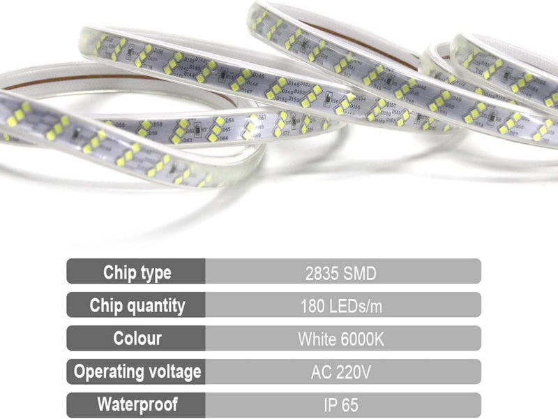 FOLGEMIR 15m LED Band – Kalt Weiss, 3 schiefe Reihen 2835 SMD 180 Leds/m Strip, ganz helle Beleuchtu