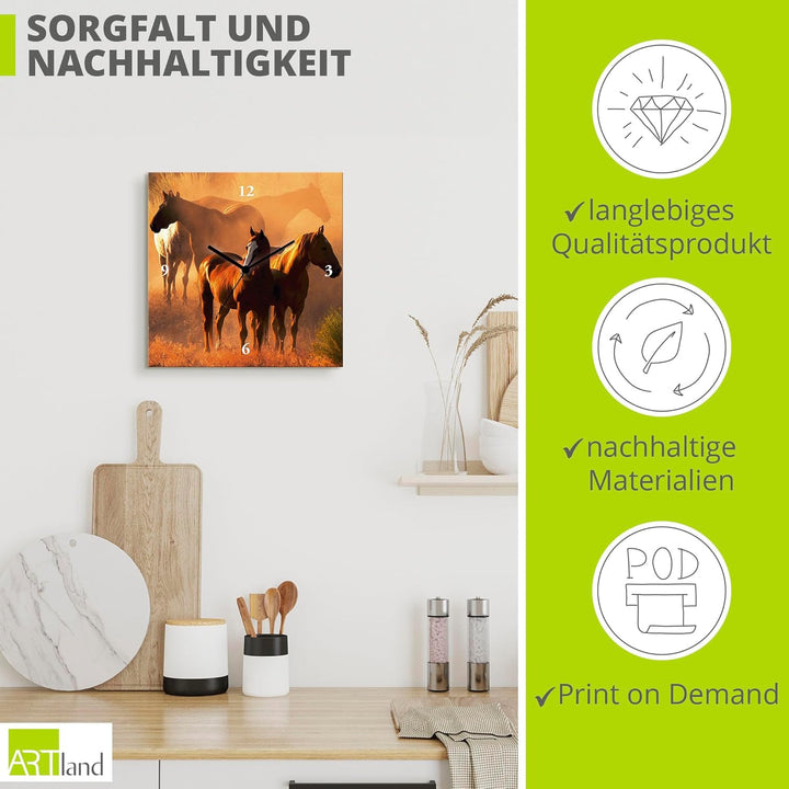 ARTLAND Wanduhr ohne Tickgeräusche Leinwand Quarzuhr 30x30 cm Quadratisch Lautlos Pferd Tiere Natur