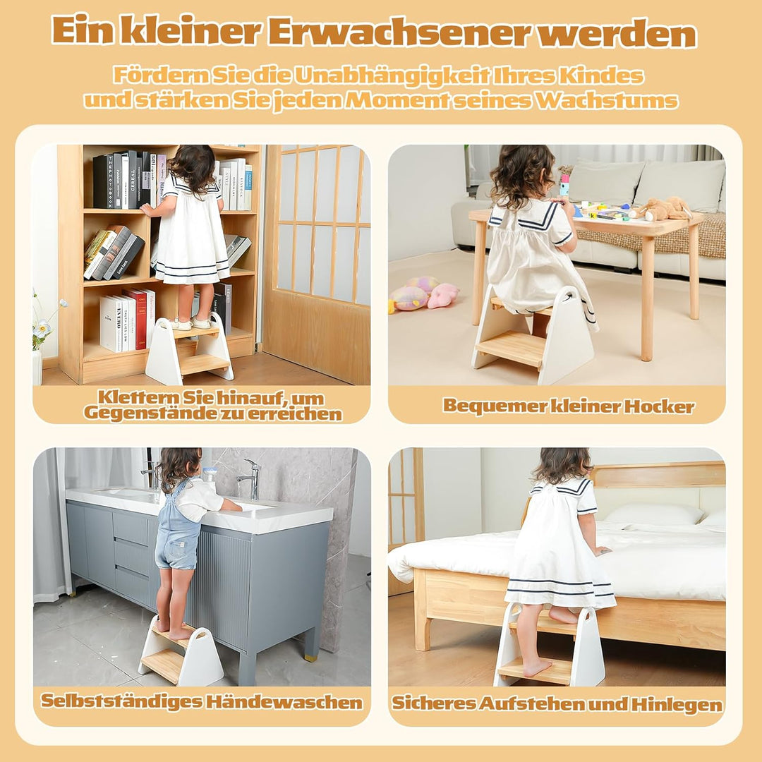 2-stufiger Tritthocker für Kinder aus Naturmaterial, Hocker & Trittstuhl Trittpult, Kindertreppe für