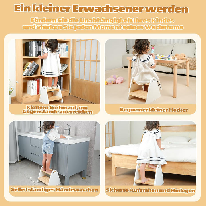 2-stufiger Tritthocker für Kinder aus Naturmaterial, Hocker & Trittstuhl Trittpult, Kindertreppe für