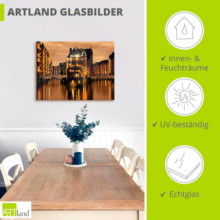 ARTland Glasbilder Wandbild Glas Bild einteilig 80x60 cm Querformat Städte Hamburg Speicherstadt Geb