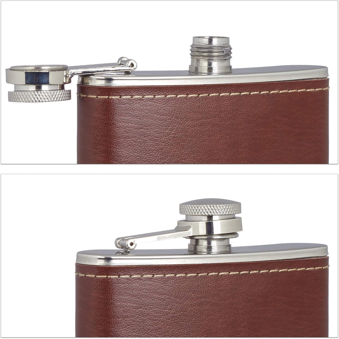 Relaxdays Flachmann 200ml, Taschenflasche aus Edelstahl mit Kunstleder Hülle, Kleiner Flachmann für