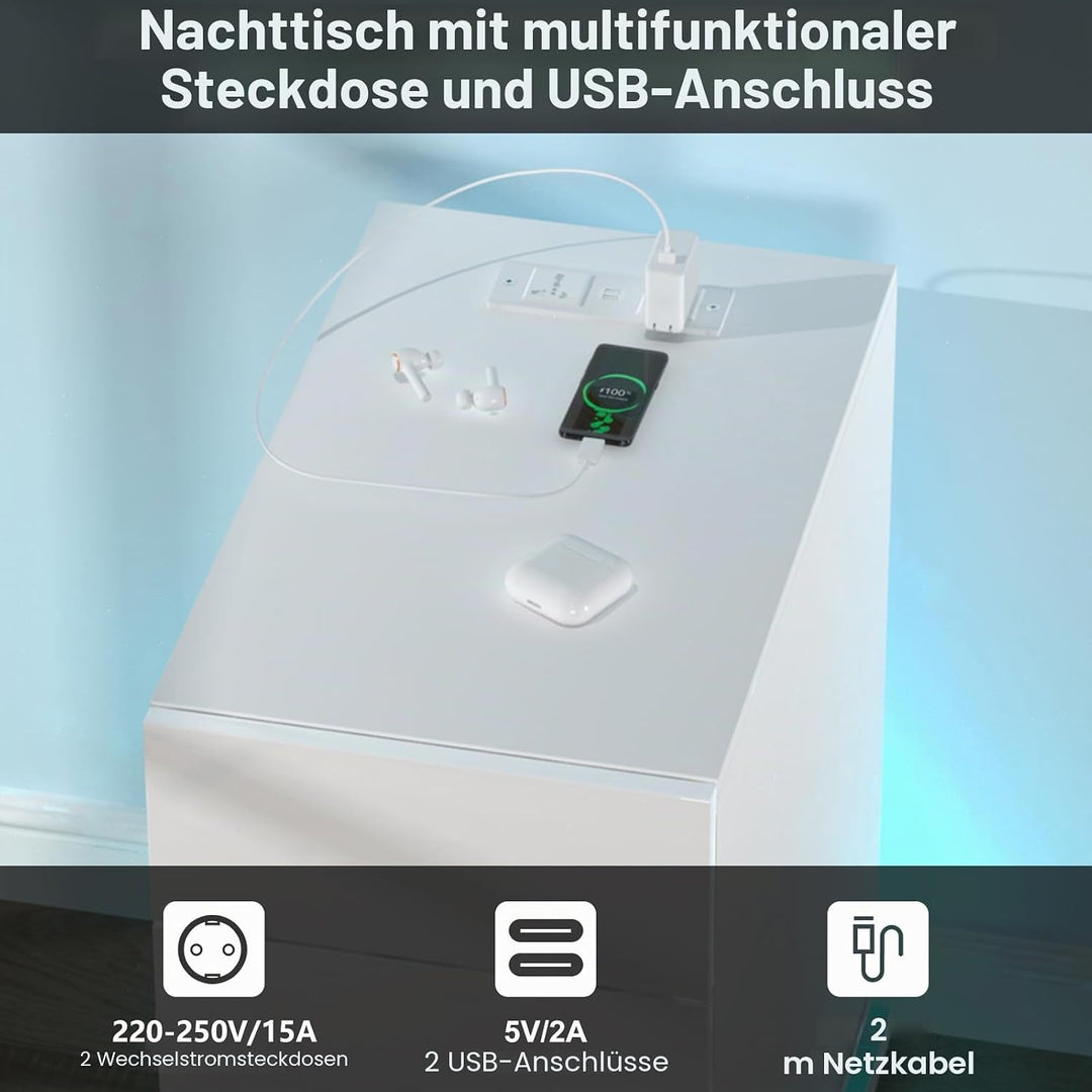 Nachttisch Schmal mit Led, Schmaler Kleiner Nachtschrank mit Steckdose und 3 Schubladen, Nachtkästch