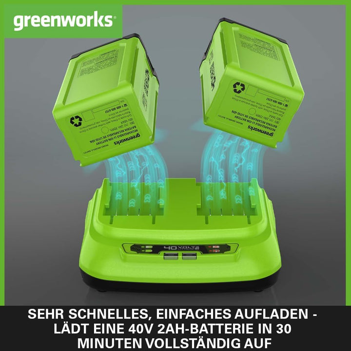 Greenworks 40V 8A Doppellader Akku Ladegerät - Universal Batterieladegerät für Greenworks Garten- &