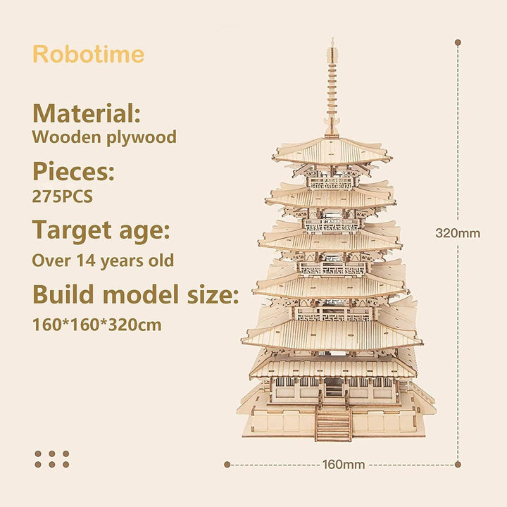 ROBOTIME 3D Puzzles Holz Mechanischer Modellbausätze DIY Fünfstöckige Pagode Bastelsets Kreative Puz