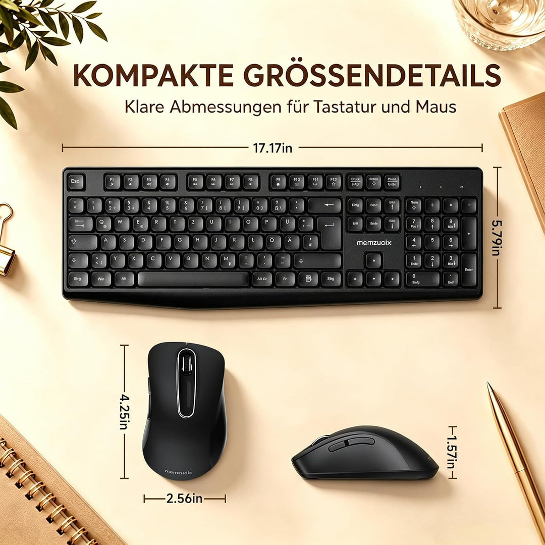 QWERTZ Kabelloses Tastatur Maus Set, Full Size 105-Tasten Tastatur mit Nummernblock, 2.4GHz Funk mit