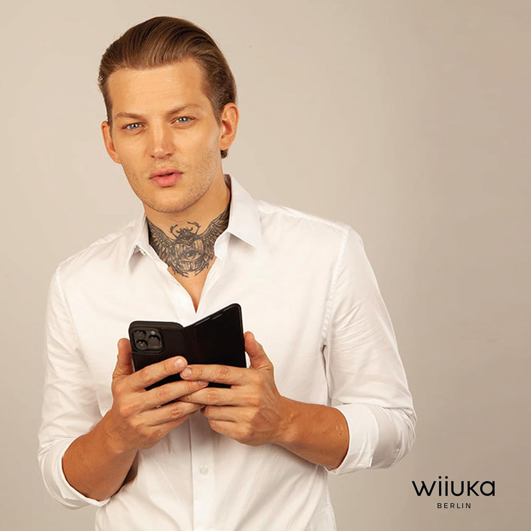 WIIUKA Hülle für iPhone 15 Pro, Leder aus Deutschland, mit Kartenfach, extra Dünn, Handyhülle mit St