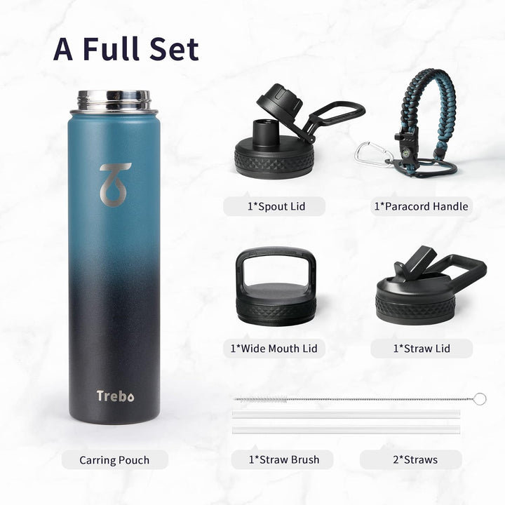 Trebo Trinkflasche Edelstahl, Thermosflasche mit Strohhalm mit Paracord-Griff & 3 Deckeln, Edelstahl