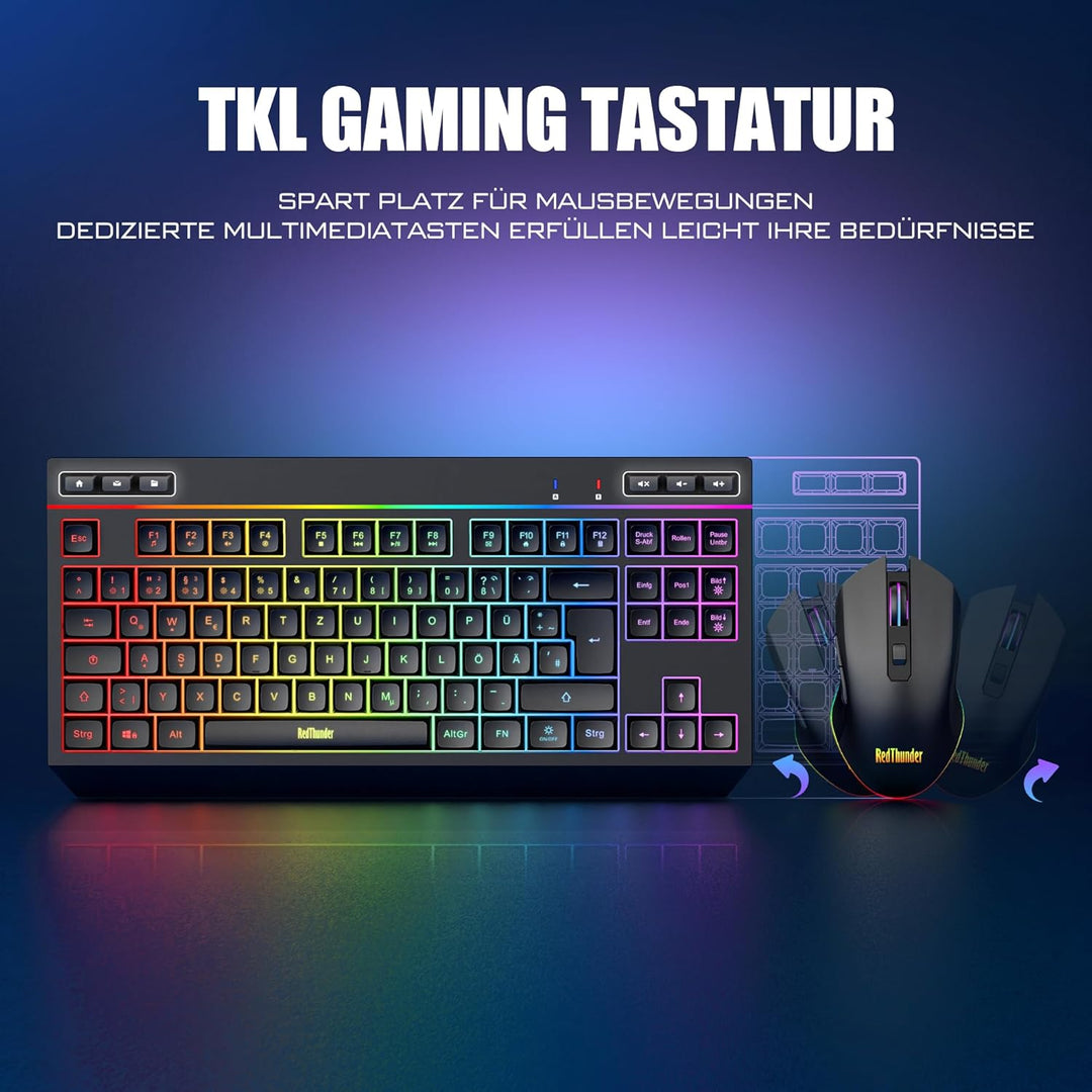 RedThunder 75% Kabelloses Tastatur und Maus Set, QWERTZ 94 Tasten TKL Layout, RGB, Wiederaufladbar F