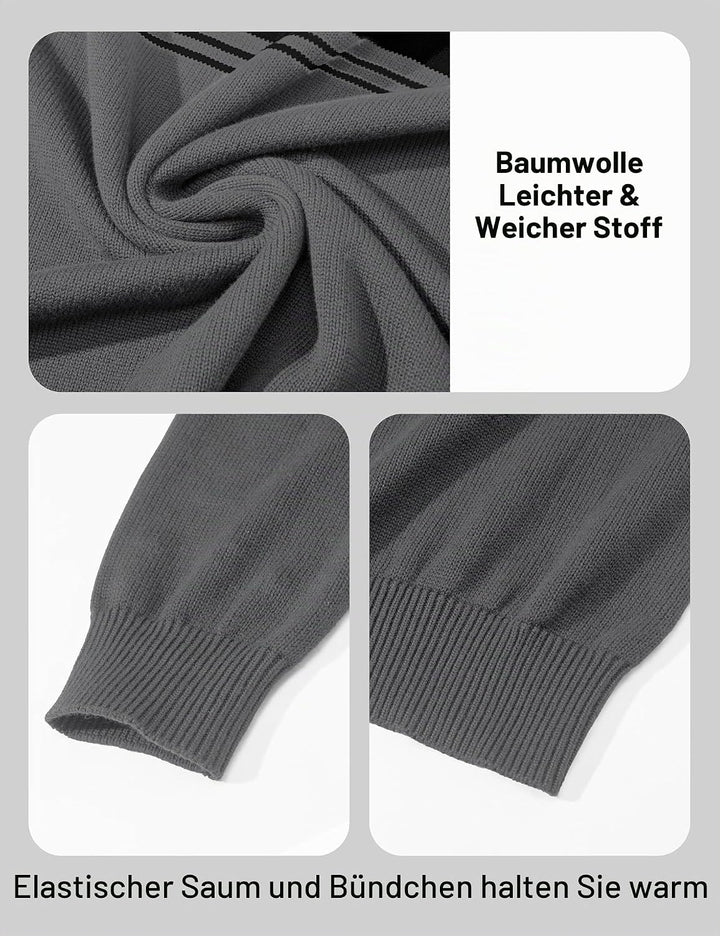 MAGCOMSEN Herren Strickpullover Stehkragen 1/4 Zip Pullover Gestreift Sweater Baumwolle Langarm Swea