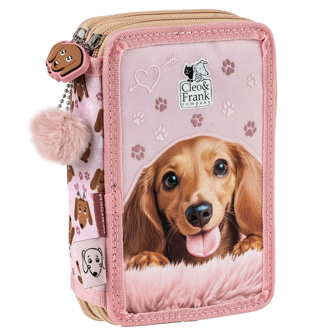 Hund Welpen Hündchen, 2-Fach Federtasche Federmappe, 27 tlg. gefüllt für Kinder Jungen Mädchen, rosa