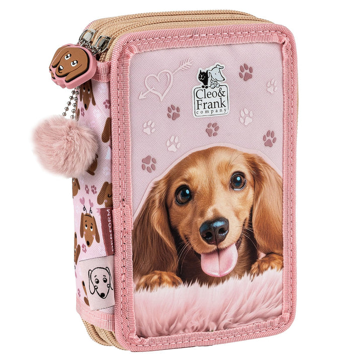 Hund Welpen Hündchen, 2-Fach Federtasche Federmappe, 27 tlg. gefüllt für Kinder Jungen Mädchen, rosa
