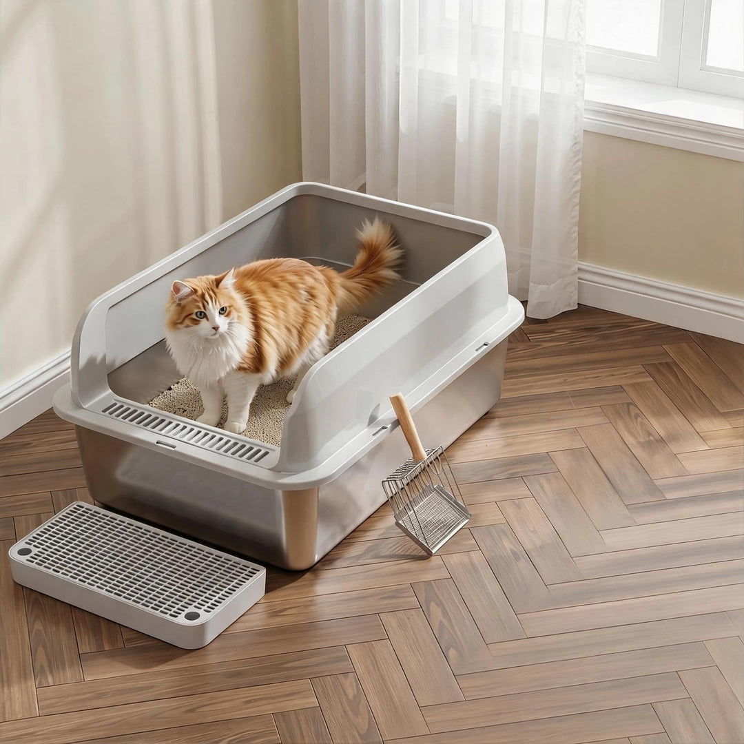Katzenklo Edelstahl, Katzentoilette Gross XL mit Metall Schaufel, 40L Katzenklo mit Abnehmbares Hohe